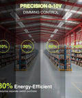 Warehouse with 0-10V dimming control, showcasing energy efficiency and bright lighting from 4 Pack 300W LED Linear High Bay Shop Lights