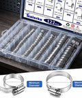Heavy Duty 122 Pcs Stainless Steel Hose Clamp Assortment Kit With Adjustable Worm Gear Clips Perfect For Auto Radiator Plumbing Fuel Lines And Harsh Engine Bays Made To Fit All Sizes Ranging From Quarter Inch To Two Inches., 304 stainless steel hose clamps in storage box