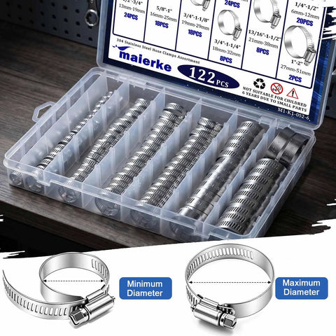 Heavy Duty 122 Pcs Stainless Steel Hose Clamp Assortment Kit With Adjustable Worm Gear Clips Perfect For Auto Radiator Plumbing Fuel Lines And Harsh Engine Bays Made To Fit All Sizes Ranging From Quarter Inch To Two Inches., 304 stainless steel hose clamps in storage box