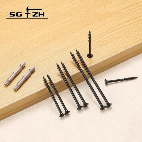 Heavy Duty Exterior Wood Deck Screws Built To Last Tough As Nails One And A Half Inch Flat Head Epoxy Coated Rust Resistant Carbon Steel T25 Star Bit 322 Pieces Pack Two Pound Set For Outdoor Decking And Fence Projects shown with drill bits on wood surface