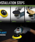 Installation steps for Rugged Five Inch Hook And Loop Sanding Pads With 5 8 11 Screw Thread And Cushioned Foam Backing for power tools.
