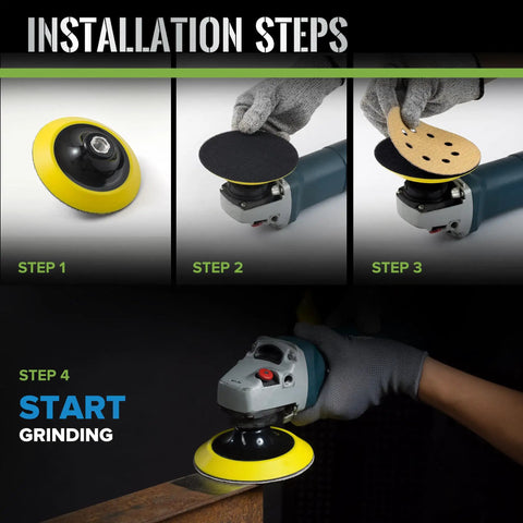 Installation steps for Rugged Five Inch Hook And Loop Sanding Pads With 5 8 11 Screw Thread And Cushioned Foam Backing for power tools.