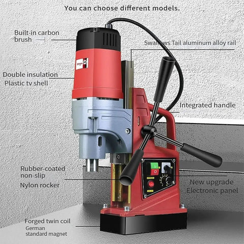 Awesome 1350W Portable Magnetic Drill Press With 16mm Boring Diameter And Strong 11500N Holding For Effortless Metal Work, equipped with integrated handle and electronic panel.