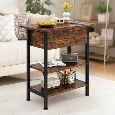 End Table With Charging Station And USB Ports, Flip Top Side Table With Two USB Ports And One AC Outlet, Three Tier Small Storage Table For Small Spaces, The Ultimate Space Saver For Your Living Room Or Bedroom, Brown Finish
