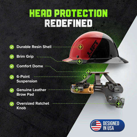 Image showing features of the fiber reinforced resin full brim hard hat with 6pt suspension, red and black gloss finish.