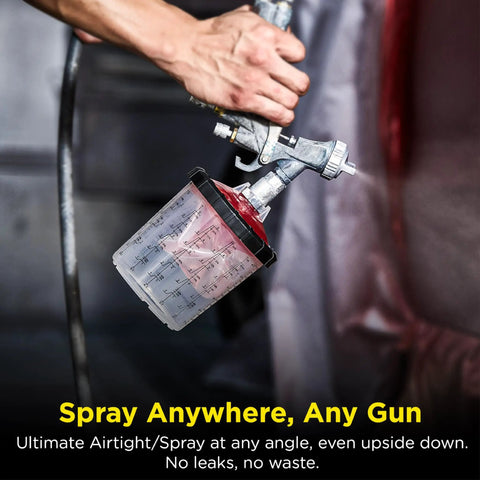 Heavy Duty Paint System Spray Gun Adapter F16 With 16 Mm Female Thread And 1.5 Mm Pitch For High Pressure Low Volume Gravity Feed Cups mounted on spray gun.