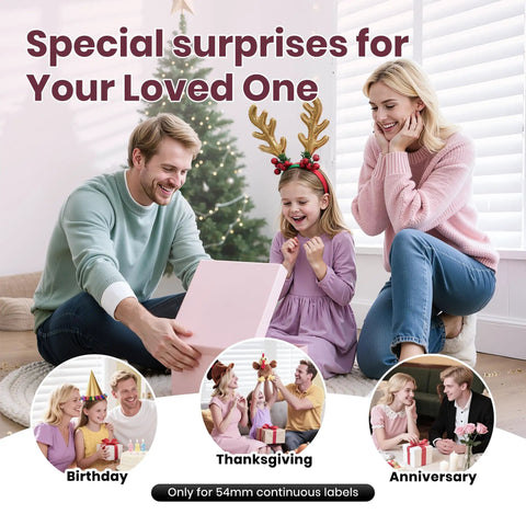 Family celebrating holiday with gifts, featuring PM290C Portable Mini Sticker Printer Inkless Bluetooth Maker With Three Rolls Of White Thermal Sticker Paper, Dope For Notes On The Go, DIY Projects, Gift Ideas, Smart AI App Compatibility, Print Pod For Office Or Home Use, Pink.