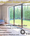 Sliding glass door with view of garden, features text about Two Pieces Sliding Door Tandem Roller Assembly Heavy Duty One And One Quarter Inch Replacement For Sliding Glass Doors And Screens 120 Kg 265 Lbs Load Capacity Per Pair Corrosion Resistant Alloy Steel Construction.