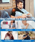 Man using Cordless Shoulder Heating Pad With Massager, seated, showing comfort for stiff joints and muscle relief benefits.