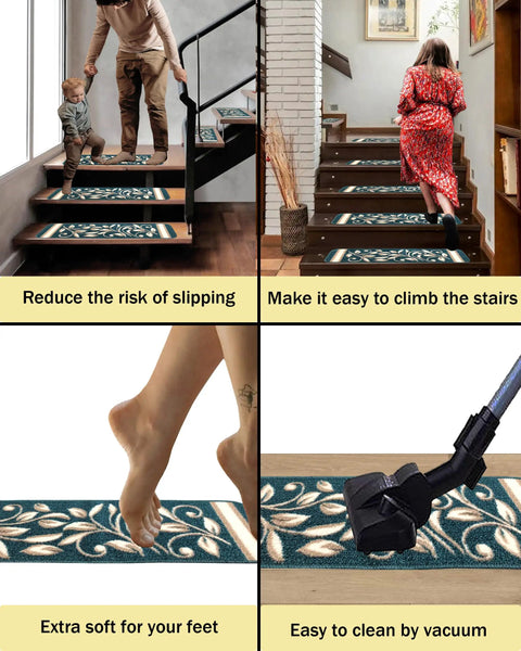 Anti Slip Stair Treads For Pets And Kids, Non Slip Stair Mats With Rubber Backing, Floral Turquoise Design, Durable Safe Grip, Easy Install, Pet Friendly Stair Grippers Set Of 15