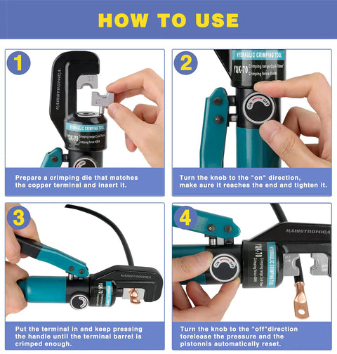 Step-by-step use of Beefy Hydraulic Battery Lug Crimping Tool Kit With 9 Die Sets For AWG 12 To 2/0, showing crimping process.