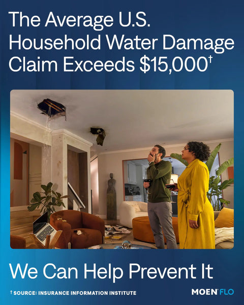 Flo Shutoff Automatic Water Leak Detector And Main Line Shutoff For One Inch Pipes, Whole Home Leak Monitoring, Around The Clock Flow Pressure And Temperature Sensing, Auto Shutoff To Stop Leaks Early. Water-damaged room with ceiling leak and homeowners looking up.