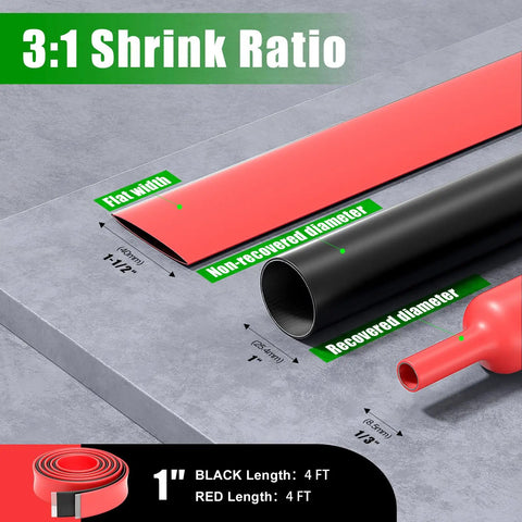 One Inch Three To One Marine Grade Adhesive Lined Heat Shrink Tubing Kit showing shrink ratio with black and red tubing