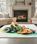 Farm Tractor Themed Area Rug 3 Ft By 5 Ft White Machine Washable Carpet in living room with child and dog by fireplace