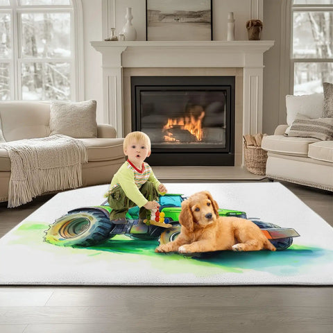 Farm Tractor Themed Area Rug 3 Ft By 5 Ft White Machine Washable Carpet in living room with child and dog by fireplace
