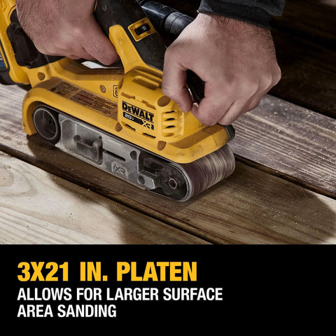 Heavy Duty 20V Max Cordless Belt Sander With A Badass Brushless Motor And Hassle Free Airlock Dust Capture For Top Tier Woodworking And Smoother Finish Results Tool Only close-up on 3x21 inch platen sanding wood.