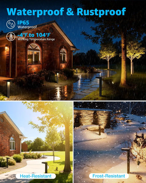 Low Voltage Landscape Lighting Kit 12 to 24V Outdoor LED Lights in Aluminum Lit 3000K Warm White 8 Pack in various weather conditions