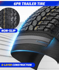 Close-up of 6PR trailer tire, detailing non-slip tread and 6-layer construction. 2 Pack 4.80-8 Trailer Tires With 8 Inch Rims 4 Lug