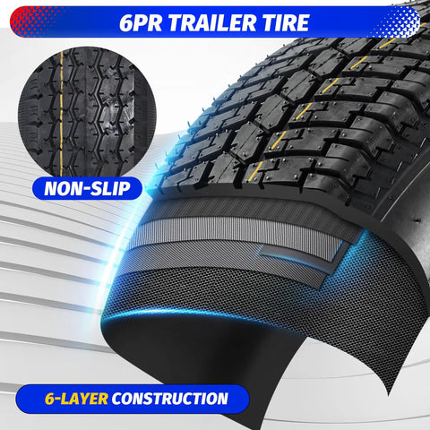 Close-up of 6PR trailer tire, detailing non-slip tread and 6-layer construction. 2 Pack 4.80-8 Trailer Tires With 8 Inch Rims 4 Lug