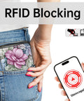 Person placing Slim Floral RFID Wallet for Women in pocket showcasing RFID blocking feature on phone screen
