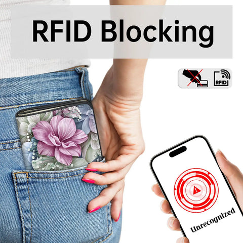 Person placing Slim Floral RFID Wallet for Women in pocket showcasing RFID blocking feature on phone screen