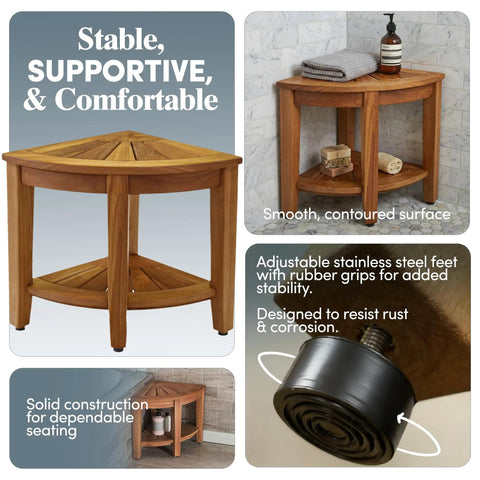 Kai Corner Teak Shower Bench With Storage Shelf For Bathroom Durable Water Resistant Shower Chair details and features