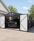 10x20 Foot Metal Garage Shed With Double Hinged Doors And Four Windows, Heavy Duty Carport For Cars Boats Trucks And Equipment, Outdoor Storage Solution For A Clutter Free Backyard, Beefed Up Extra Large Gray Shed with car inside, open doors