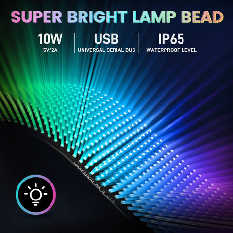 Close-up of LED beads with super bright light effect, 10W USB power, IP65 waterproof level, focus on Scrolling Bright Advertising LED Sign With Flexible USB 5V Power Bluetooth App Control Custom Text And Animation Patterns Programmable Display For Store Bar Hotel And Car 27 Inch By 5 Inch.