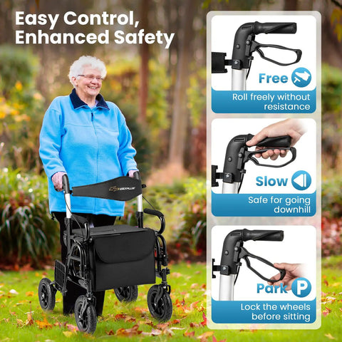 2 In 1 Folding Rollator Walker And Wheelchair Combo With Brakes For Seniors Aluminum Mobility Aid With 9 Inch Pneumatic All Terrain Tires