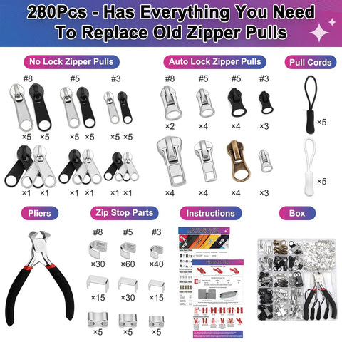Universal Zipper Repair Kit With 280 Pieces For Jackets Luggage Backpacks And Outdoor Gear On The Go Included Metal Sliders Pulls Stoppers Pliers And Case Fits Zipper Sizes 3 5 And 8 displayed.