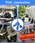 Three Way Air Hose Manifold Connectors One Quarter Inch NPT Compressor Fittings High Pressure Metal Swivel 360 Degrees Blue Two Pack Durable Air Tool Splitter And Quick Connects For Home Garage Use on compressor, garden, engine, and tank setups