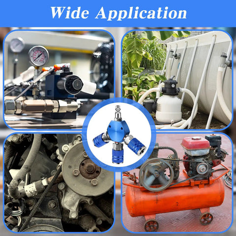 Three Way Air Hose Manifold Connectors One Quarter Inch NPT Compressor Fittings High Pressure Metal Swivel 360 Degrees Blue Two Pack Durable Air Tool Splitter And Quick Connects For Home Garage Use on compressor, garden, engine, and tank setups