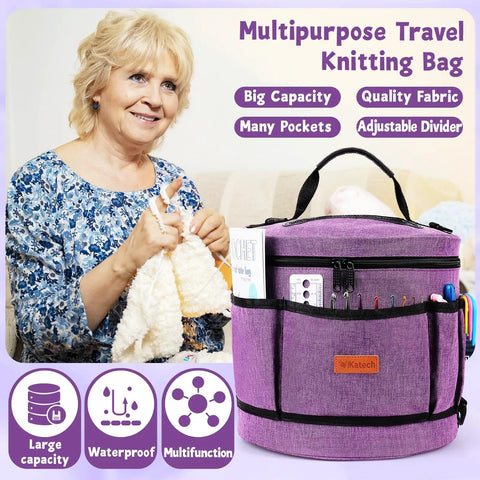 Ultimate Beginner Crochet Kit For Adults With 9 Soft-Handle Hooks, 20 Skeins Yarn, Handy Crochet Bag displayed with woman knitting