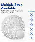 Multiple sizes of seamless aluminum pizza screens for pizzerias, showing 8 to 20 inch options, airflow design for crisp crusts.
