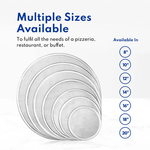 Multiple sizes of seamless aluminum pizza screens for pizzerias, showing 8 to 20 inch options, airflow design for crisp crusts.