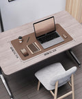 Double Sided Leather Desk Pad With Eco Cork Backing, Large 31.5 By 15.7 Inch Waterproof Desk Mat on desk with laptop and coffee