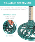 Close-up of base with ground stakes for 28 Inch Pedestal Bird Bath With Fleur De Lis Accents, Vintage Outdoor Resin Garden Decor in green.