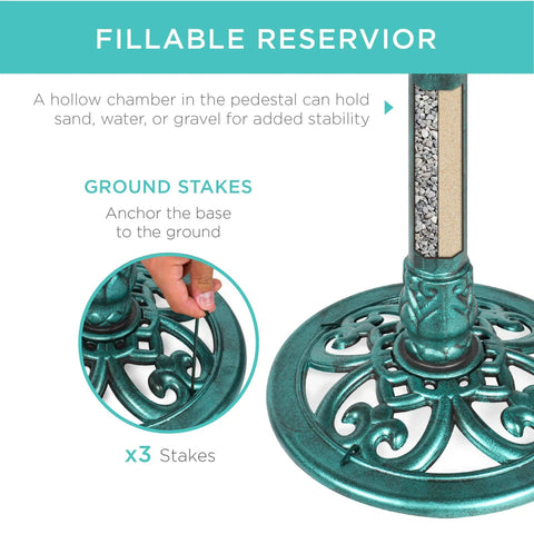 Close-up of base with ground stakes for 28 Inch Pedestal Bird Bath With Fleur De Lis Accents, Vintage Outdoor Resin Garden Decor in green.