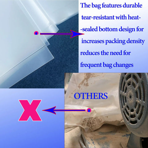5 Pack Dust Collector Bags 19.5 Inch Diameter 70 Gallon Lower Dust Collection Bag Replacement for Heavy Duty Woodworking 6 Mil Plastic Dirt Proof Waterproof showcasing heat-sealed bottom design compared to others.
