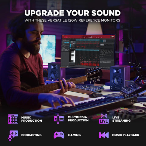 Musician using Pro Grade Wired Studio Monitors For PC With Three Point Five Inch Drivers Latency Free Audio Crystal Clear Sound