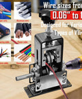 Heavy Duty Wire Stripping Machine for Copper Wire 0.06–1 Inch, drill powered, shown stripping red wire with images of wire types.
