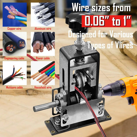 Heavy Duty Wire Stripping Machine for Copper Wire 0.06–1 Inch, drill powered, shown stripping red wire with images of wire types.