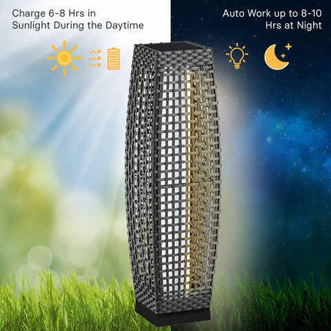Outdoor Solar Powered Floor Lamp With Weatherproof Wicker Lantern For Garden Or Porch, solar charging and night lighting.