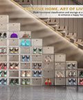 Heavy Duty Super Clear Shoe Organizer With Reinforced Magnetic Front Door Stackable Storage Box arranged on stairs, showcasing various sneakers.
