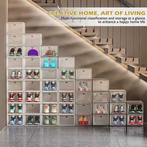 Heavy Duty Super Clear Shoe Organizer With Reinforced Magnetic Front Door Stackable Storage Box arranged on stairs, showcasing various sneakers.
