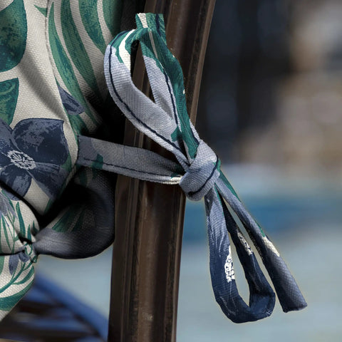 Close-up of tie on 4-Pack Outdoor Patio Dining Chair Cushions 20x44 Inches, Rain-Proof And Fade-Resistant, PFAS-Free, Salome Tropical Pattern