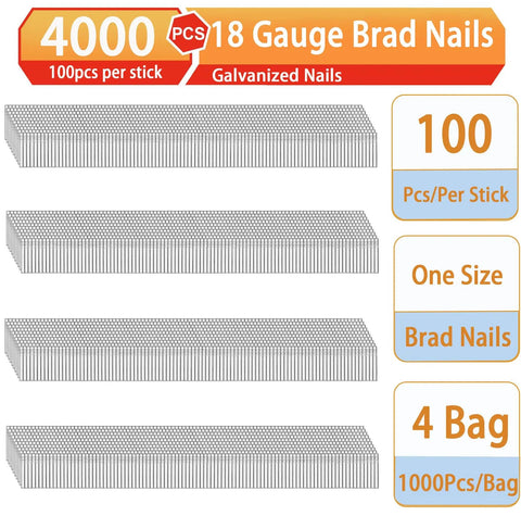 High Impact 18 Gauge Galvanized Brad Nails 3/8 Inch Length 4000 Count Box Rust Resistant Steel Fasteners displayed in 4 bags of 1000.