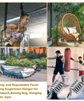 Collage of Six Pack Heavy Duty Swing Springs, 3000 Lbs Capacity in gym, porch, hammock and boxing setups with cross extended hooks