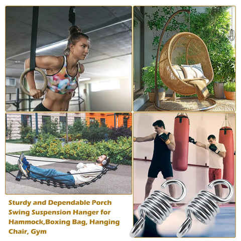 Collage of Six Pack Heavy Duty Swing Springs, 3000 Lbs Capacity in gym, porch, hammock and boxing setups with cross extended hooks