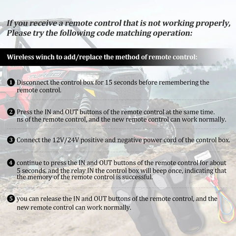 12V Wireless Winch Remote Control Kit For Easy Vehicle Recovery And Off Road Lifting, Universal Receiver, DIY Install, Works With 9 To 30V Systems, Reverse Voltage Remote To Run Winch Motor, No Hassle Setup. setup guide with ATV winch remote and wiring control box